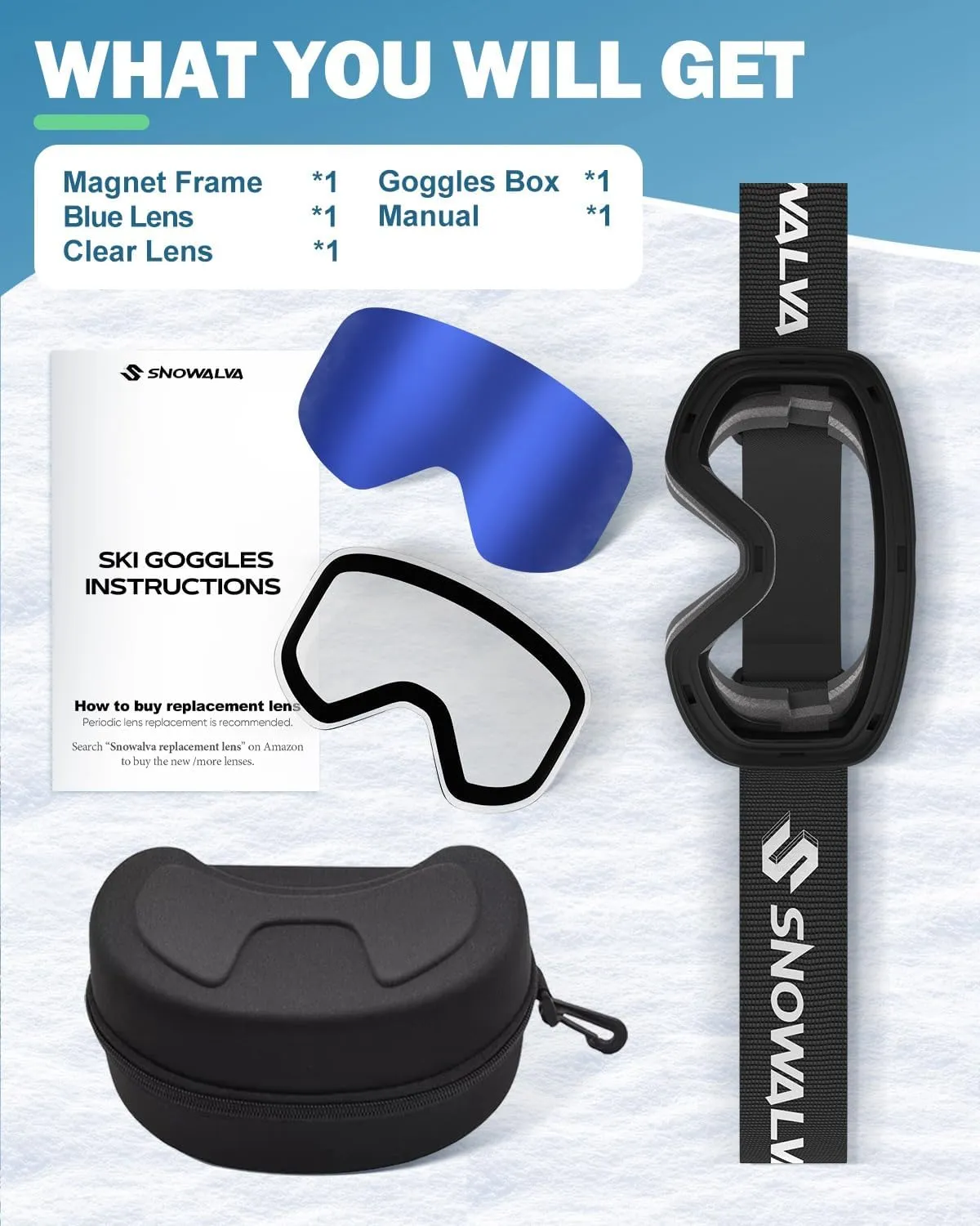 Ski Goggles, Frameless Snowboard Goggles with 2 UV400 Magnet Ski Lenses for Men & Women