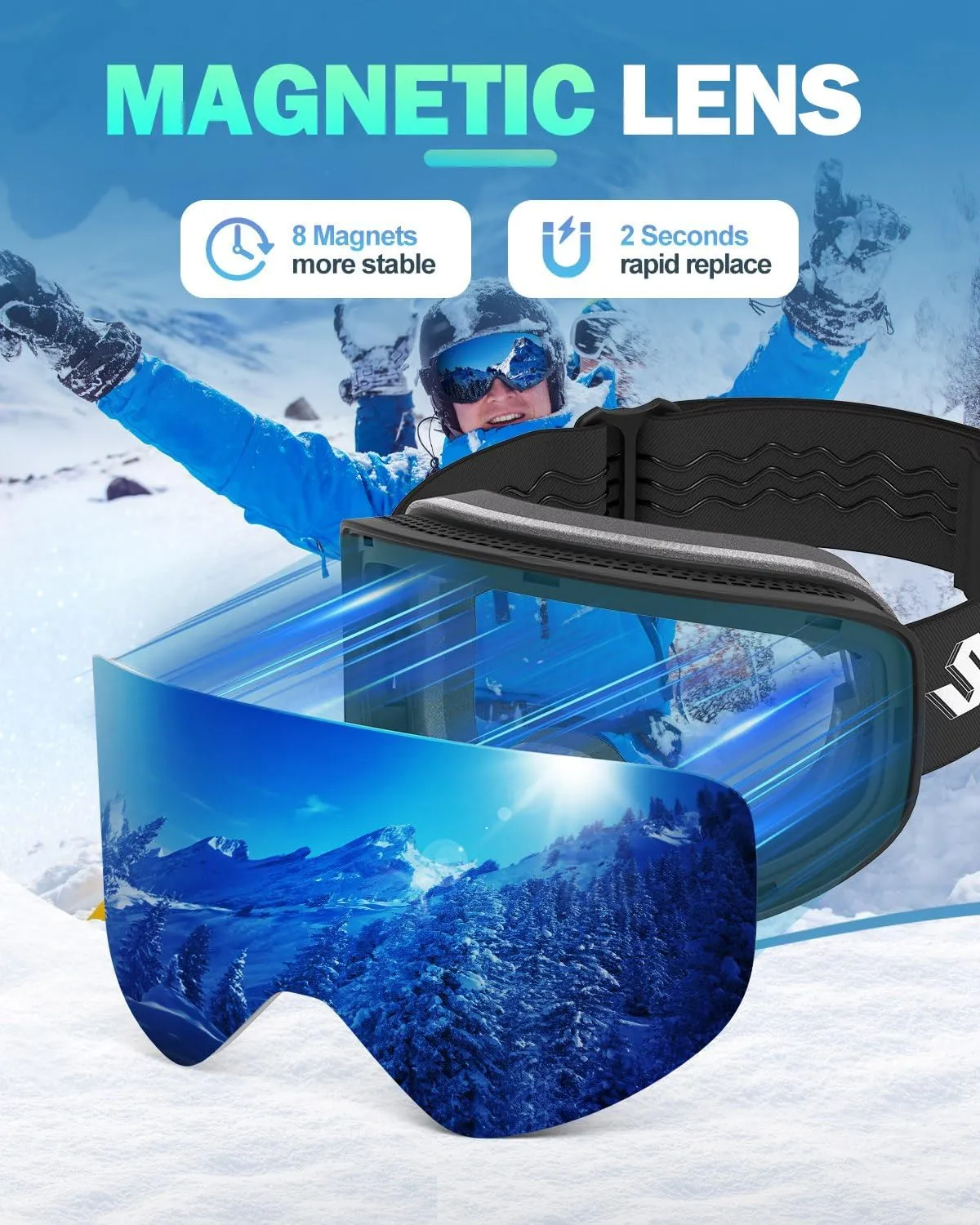 Ski Goggles, Frameless Snowboard Goggles with 2 UV400 Magnet Ski Lenses for Men & Women