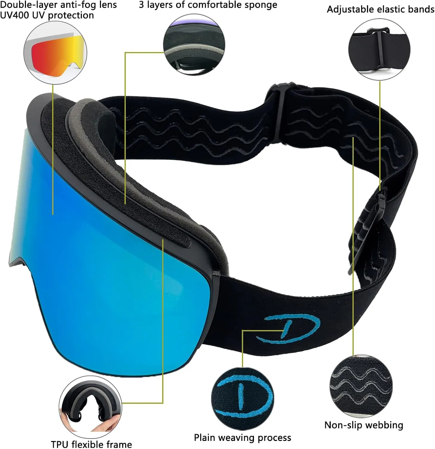 Ski/Snowboard Goggles for Men Women, OTG Snow Goggles Anti Fog 100% UV Protection