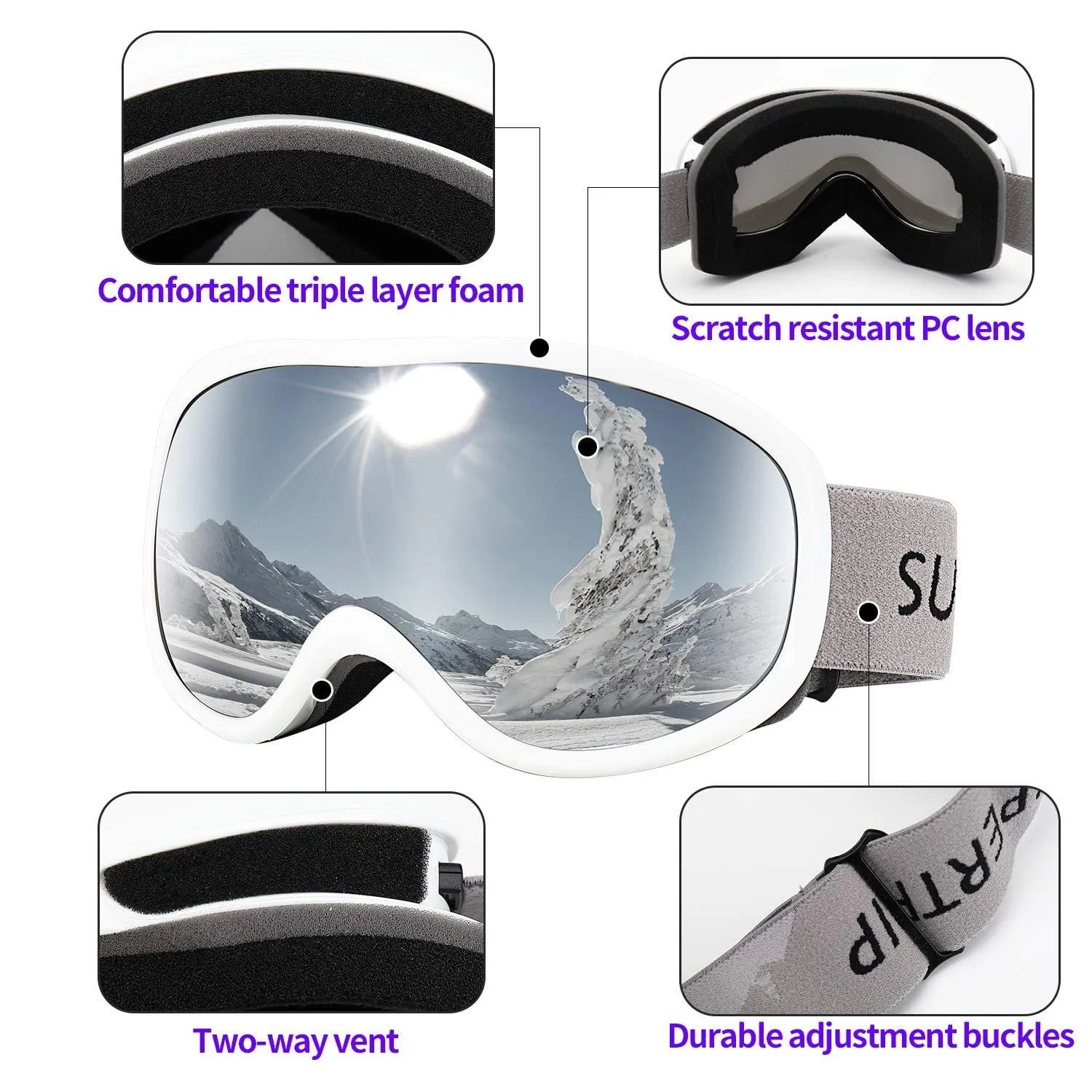 Supertrip Snow Ski Goggles Anti-Fog 100% UV Protection Snowboard Goggles Double Lens Over The Glasses Skiing for Men Women Youth(White)