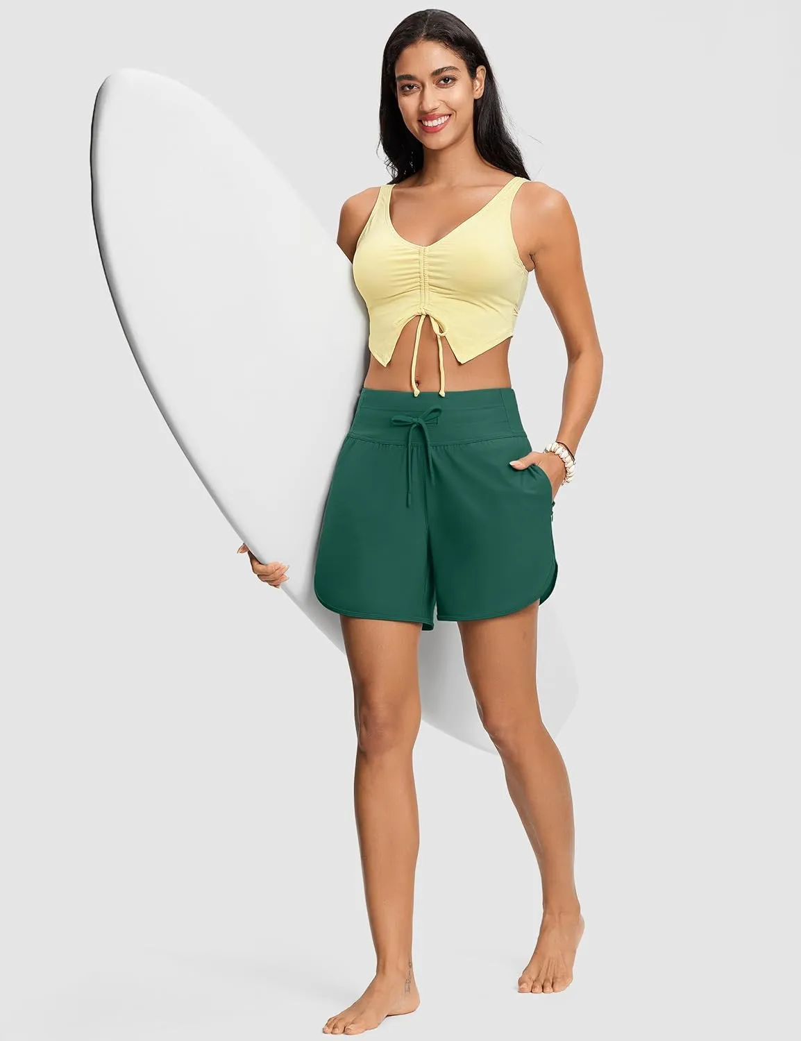Women's 5" High Waisted Tummy Control Swim Board Shorts Quick Dry Swimming Shorts for Women with Liner Pockets