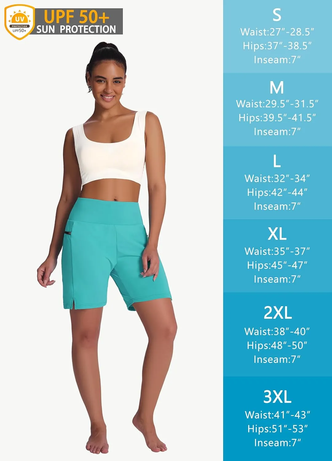 Women's 7" Long Swim Board Shorts - High Waisted Quick Dry Beach Swimming Swimsuit Bottom with Liner Zip Pockets UPF50