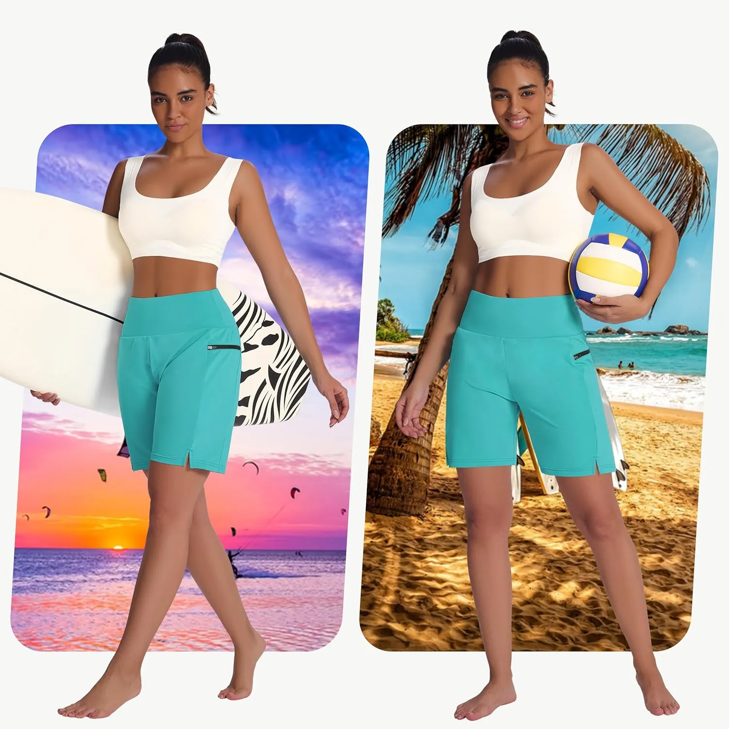 Women's 7" Long Swim Board Shorts - High Waisted Quick Dry Beach Swimming Swimsuit Bottom with Liner Zip Pockets UPF50