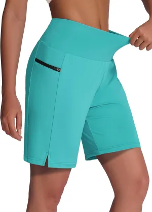 Women's 7" Long Swim Board Shorts - High Waisted Quick Dry Beach Swimming Swimsuit Bottom with Liner Zip Pockets UPF50