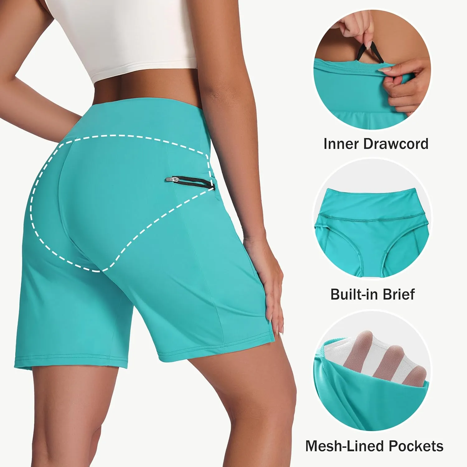 Women's 7" Long Swim Board Shorts - High Waisted Quick Dry Beach Swimming Swimsuit Bottom with Liner Zip Pockets UPF50