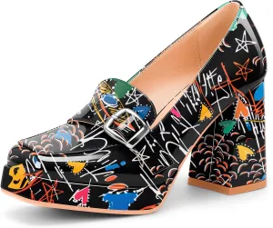 Women's Platform Chunky High Heel Loafers Patent Leather Buckle Pumps Office Dress Shoes