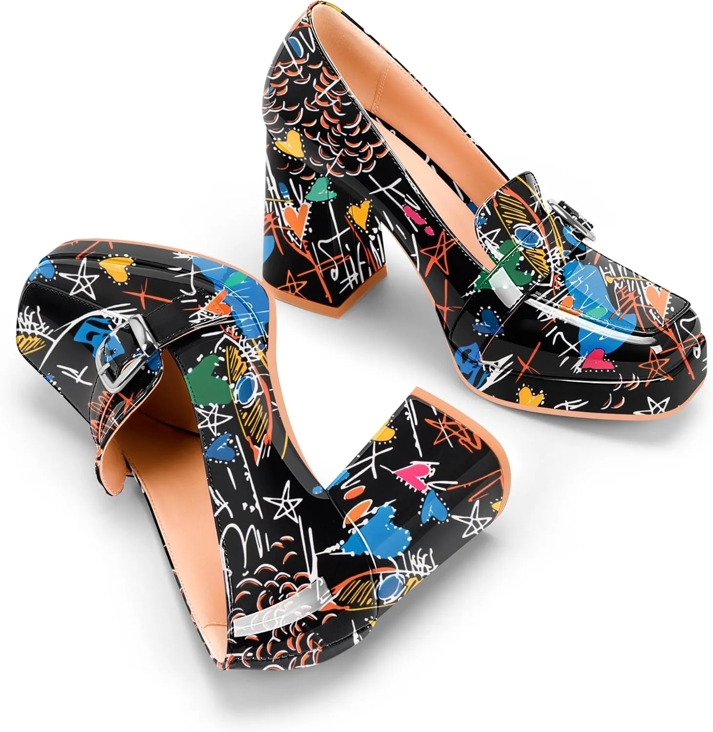 Women's Platform Chunky High Heel Loafers Patent Leather Buckle Pumps Office Dress Shoes