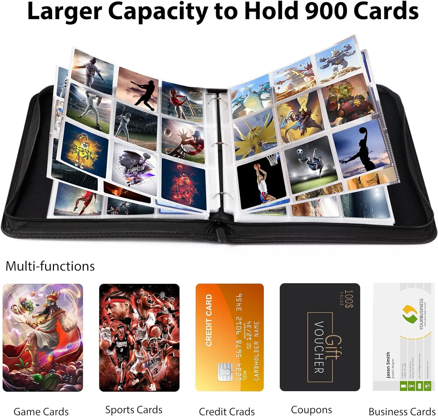 WOT I Trading Card Binder, 900 Pockets Sleeves with Zipper, Double Sided Pockets Card Holder Carry Case for Baseball Card, Football Card