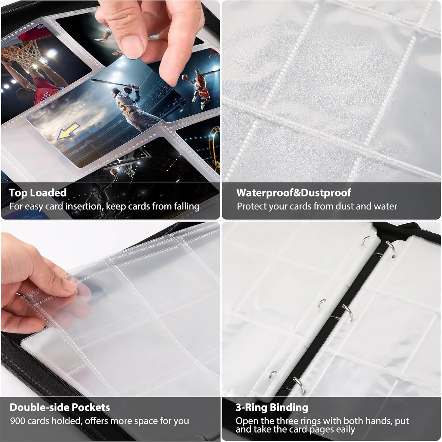 WOT I Trading Card Binder, 900 Pockets Sleeves with Zipper, Double Sided Pockets Card Holder Carry Case for Baseball Card, Football Card